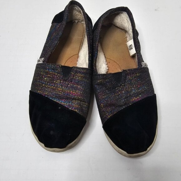 TOMS Classics Black Metallic Velvet Flats Sparkly Sherpa Lined size 4.5 - Picture 9 of 9